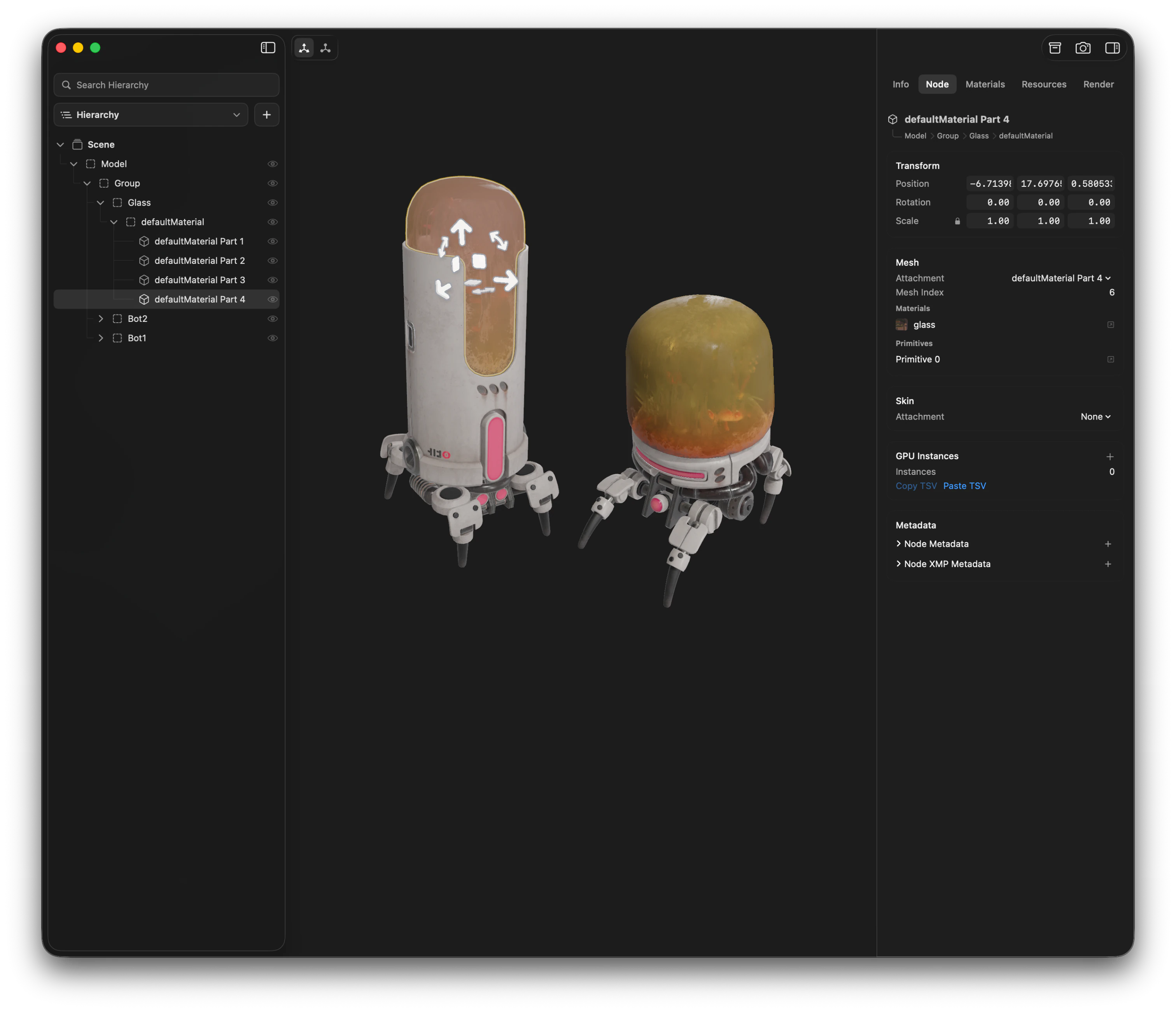Solidly showing a 3D asset, its scene hierarchy, and node inspector.